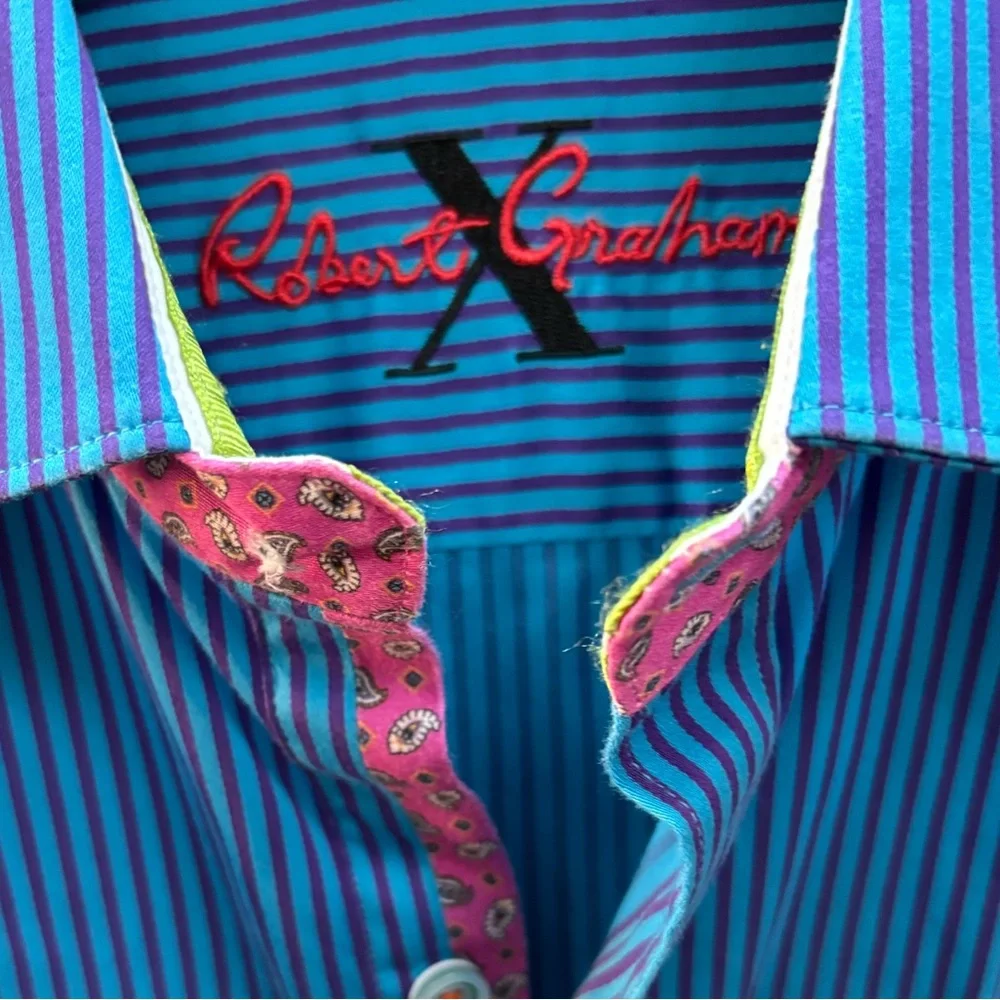 Robert Graham X Men’s Button Up Shirt Blue/Purple Stripes Size Medium - Picture 4 of 12